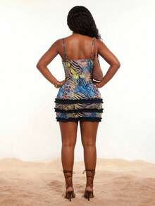 Radiana 大码女装春夏时尚休闲性感度假动物纹撞色层叠荷叶边迷你吊带裙，适合日常穿着、音乐节、百搭场合、科切拉音乐节、波西米亚风、郊游、度假、海滩度假、假日、海边、西部风、演唱会、狂欢节派对、约会之夜、伊比沙岛、纳什维尔、休闲、优雅、时尚、夜店、可爱、休闲、购物、街头风、外出等场合，易于搭配，显瘦，凸显身材，修饰身形 - 彩色 - 查看 6