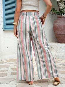 SHEIN Pink Maternity Casual Striped Print Wide Leg Pants For Women,High Waist Tie-Front Loose Bohemian Trousers Boho Long Holiday Beach Autumn Pants - Multicolor - View 2
