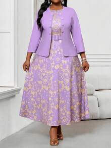 SHEIN Lady Bộ 2 món dành cho nữ cỡ lớn, kiểu dáng công sở, họa tiết sóng trừu tượng, cổ tròn, có thắt lưng, dáng midi, thích hợp cho kỳ nghỉ hoặc đi chơi. - Màu tím - Xem 1