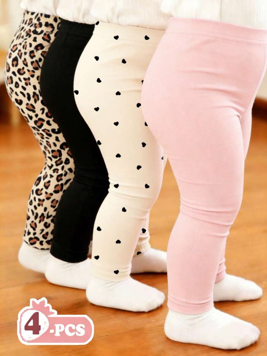 Souflis Souflis 4 Stücke Baby Mädchen einfarbige Leggings/Hosen/Strumpfhosen Set mit elastischem Bund, süßes Leoparden Muster & Herz Design, Frühlings-/Sommer-Outfits, Frühlings-Stimmung, Sommer-Stimmung, Frühlings- & Sommer-Outfits, bequem und stylisch, Mädchen Set für Alltag Outfit, Kinder Blumen Grafik Kleidung, Frühlings- & Sommer-Set, neuer Stil, Entspannung, Frühlings-Stimmung Sommer-Urlaub - Verschiedenfarbig - Übersicht 1