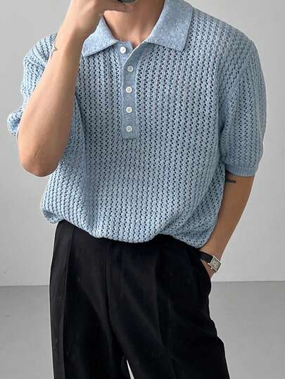 DAZY Áo len nam tay ngắn màu xanh dương, chất liệu lưới xoắn họa tiết mùa hè.