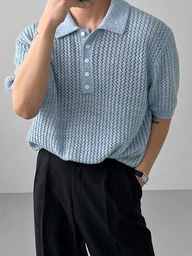 Summer Textured Twist Cable Mesh Blue Short Sleeve Men Knit Top