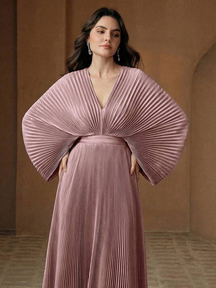 Elegant Retro European And American Style Pink V-Neck Batwing Sleeve High Waist Backless Pleated Dress For Women