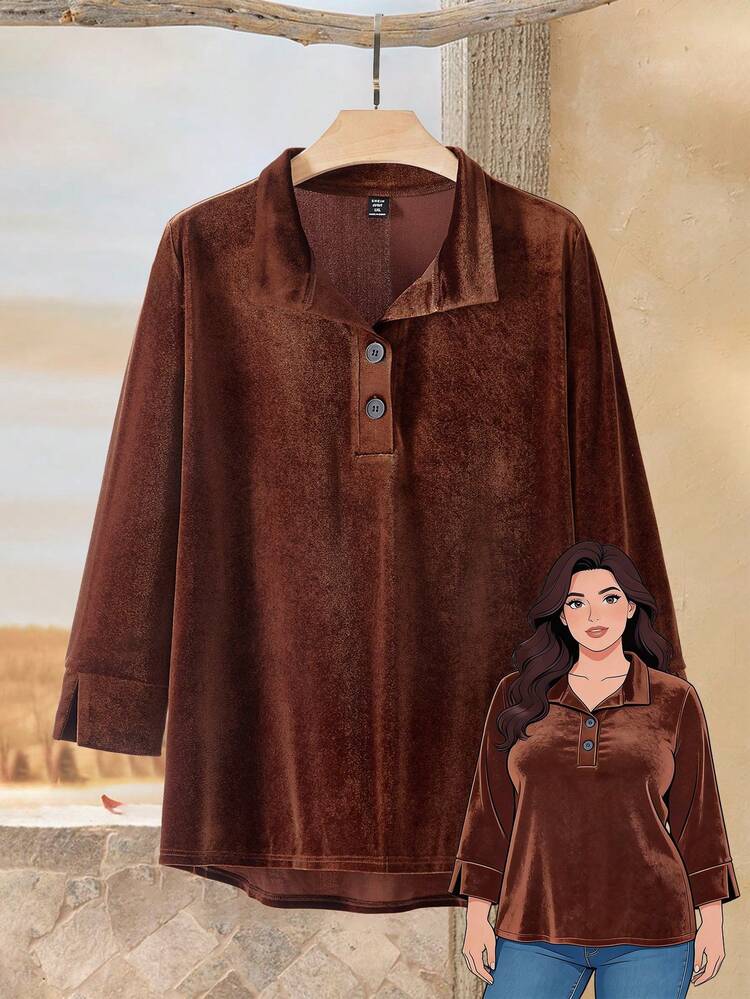 Plus Size Winter For Women Thanksgiving Women Casual Solid Color Polo Collar High-Low Hem Top