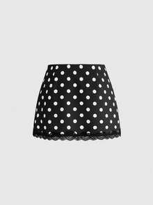 ROMWE Chân váy ngắn ren chấm bi đa năng dành cho nữ, thích hợp cho buổi hẹn hò hoặc đi chơi. - Đen và trắng - Xem 2