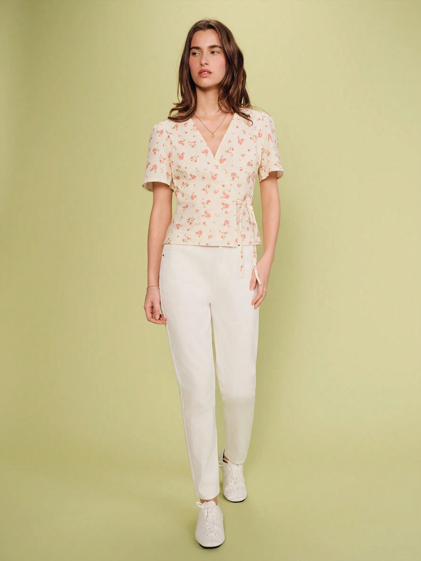 Cream And Pink Floral Printed Wrap Blouse With Short Sleeves And Peplum Hem Spring Summer French Style Top Cute Feminine Silhouette Daily Wear Casual Vacation Floral Wrap Top