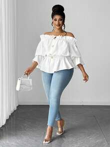 Maweii Plus Size Women Solid Color Off Shoulder Frill Trim Metal Design Blouse Fall - White - View 3