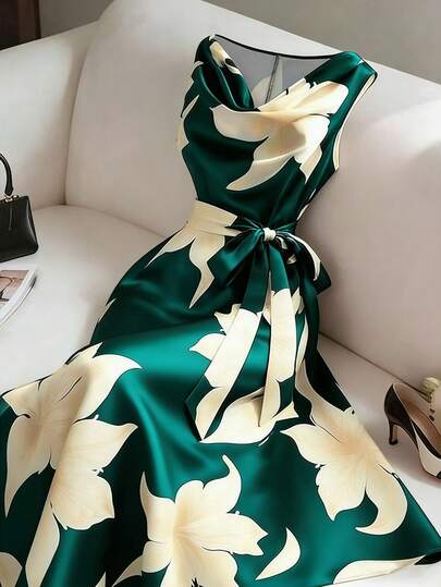 GlowEve CURVE Plus Size Women Elegant Sleeveless Floral Print Dress With Bow Tie Waist