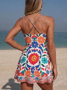 SHEIN Swim Lushore 女士最新款时尚吊带橙粉色复古印花连体泳衣沙滩裙，春夏款 - 彩色 - 查看 2