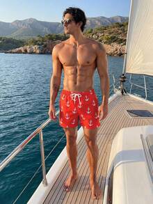 Manfinity Swimmode Quần short đi biển nam in hình mỏ neo, cạp chun có dây rút. - Đỏ và trắng - Xem 6