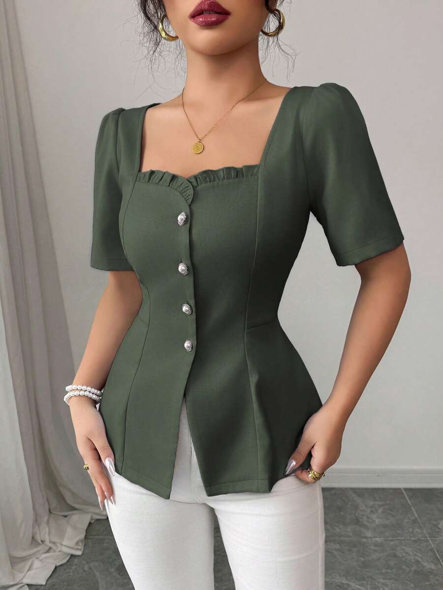 Elenzga Women's Elegant French Style Casual/Commuter/Vacation Solid Color Square Neck Flutter Hem Buttoned Down Slim A-Line Short Sleeve Blouse, Spring/Summer - Army Green - View 1