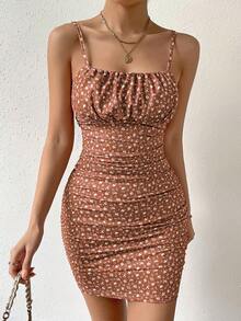 Breezaya Đầm hai dây hở ngực in họa tiết hoa nhỏ xinh cho trang phục đi biển dành cho nữ - Gỗ đỏ - Xem 3