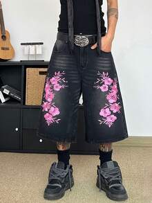 STEELVANCE 男士休闲街头时尚复古百搭铆钉猫须刺绣宽松阔腿牛仔短裤 - 黑色 - 查看 3