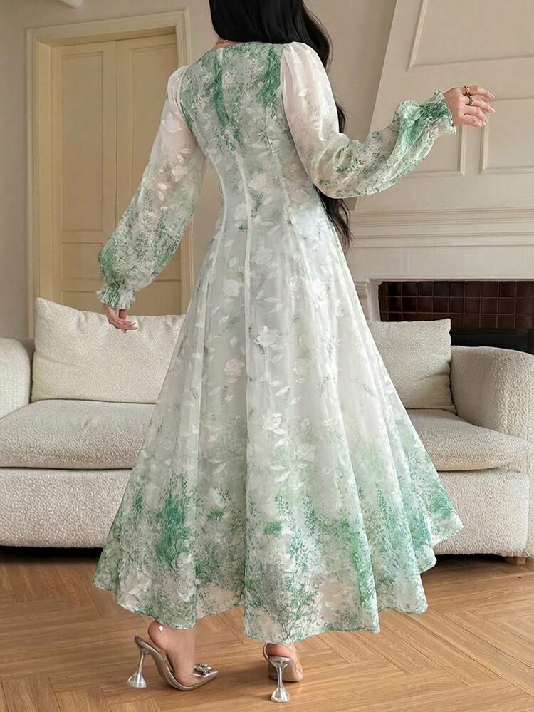 Women's Elegant Floral Petal Sleeve V-Neck Mid-Length Dress, Spring/Summer
