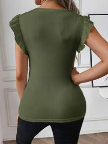 SHEIN 孕妇夏季纯色荷叶边领修身T恤 - 軍綠色 - 查看 2