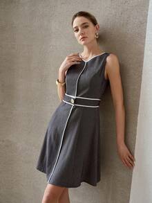 MOTF PREMIUM V-NECK SLEEVELESS CONTRAST TRIM DESIGN WOMEN'S MID-LENGTH DRESS, SPRING/SUMMER - Navy Blue - View 1