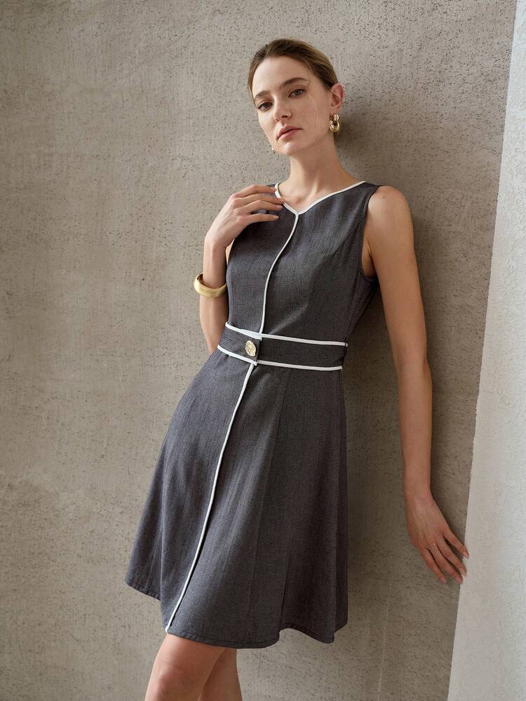 V-NECK SLEEVELESS CONTRAST TRIM DESIGN WOMEN'S MID-LENGTH DRESS, SPRING/SUMMER