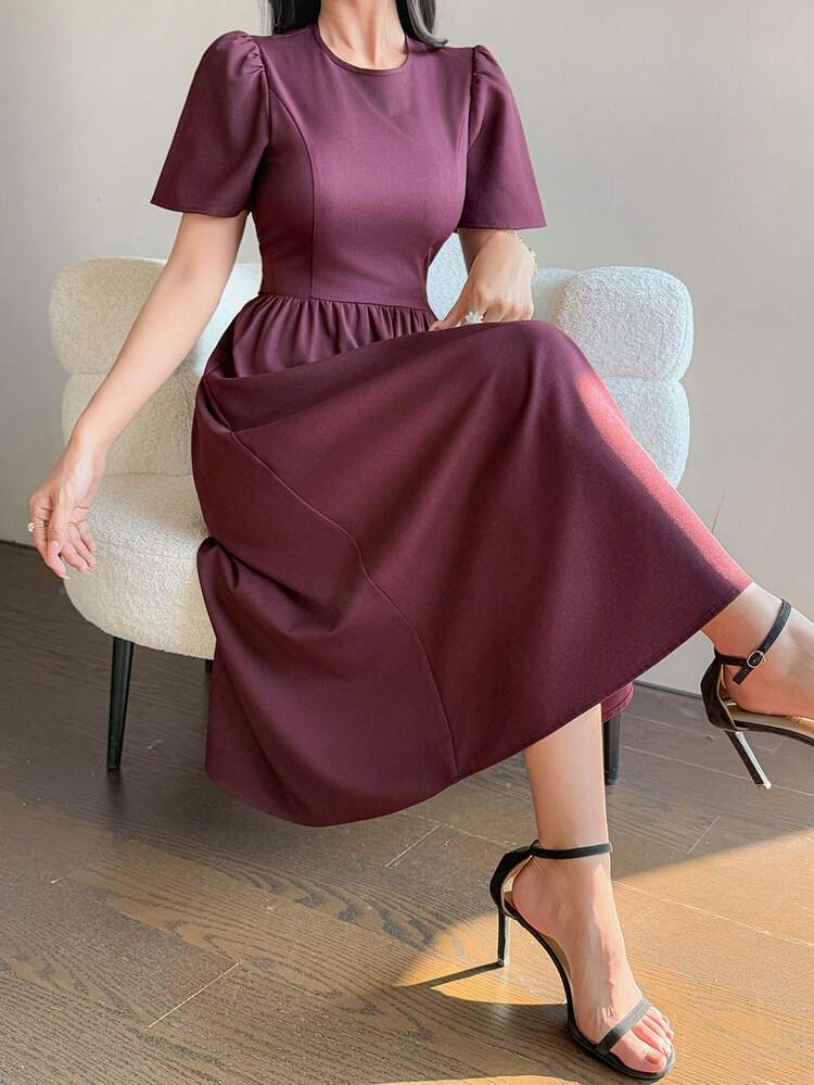 Women's Elegant Solid Color Round Neck Puff Sleeve Tie Waist Mid-Length Dress, Summer,Wedding Guest Dress Women Sundress