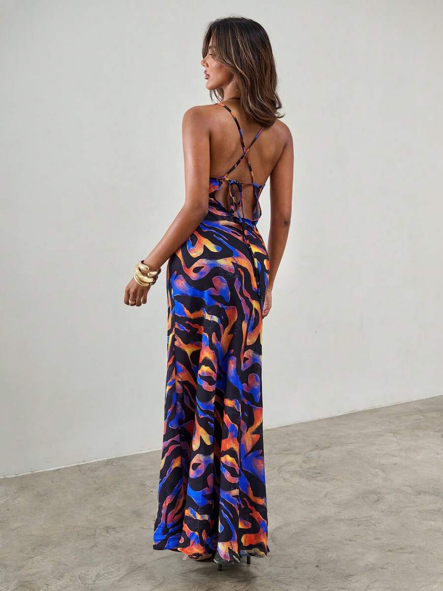 SHEIN ICON 女士夏季性感沙滩度假扎染印花垂褶领交叉露背吊带连衣裙 - 彩色 - 查看 1