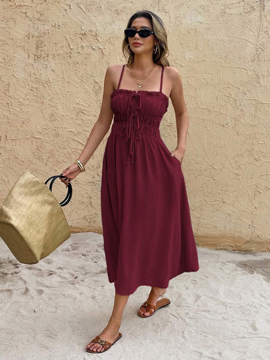 SHEIN Frenchy Women's Solid Color Oblique Pocket Casual Vacation Spaghetti Strap Mid-Length Dress - Dark Red - View 1