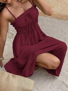 SHEIN Frenchy Women's Solid Color Oblique Pocket Casual Vacation Spaghetti Strap Mid-Length Dress - Dark Red - View 4