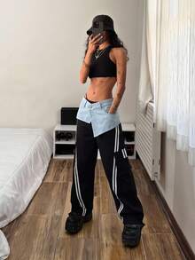 StreetHx Jeans di Denim Donna con Patchwork e Righe a Contrasto - nero - Visualizzare 3