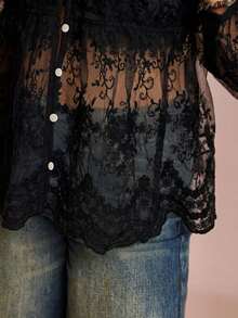 Freevana Blusa holgada de mujer talla grande con mangas farol, transparente y bordada, ideal para vacaciones de primavera/verano - Negro - Ver 3