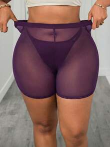 SHEIN PETITE CURVE Plus Sheer Mesh Biker Shorts Without Panty - Purple - View 3