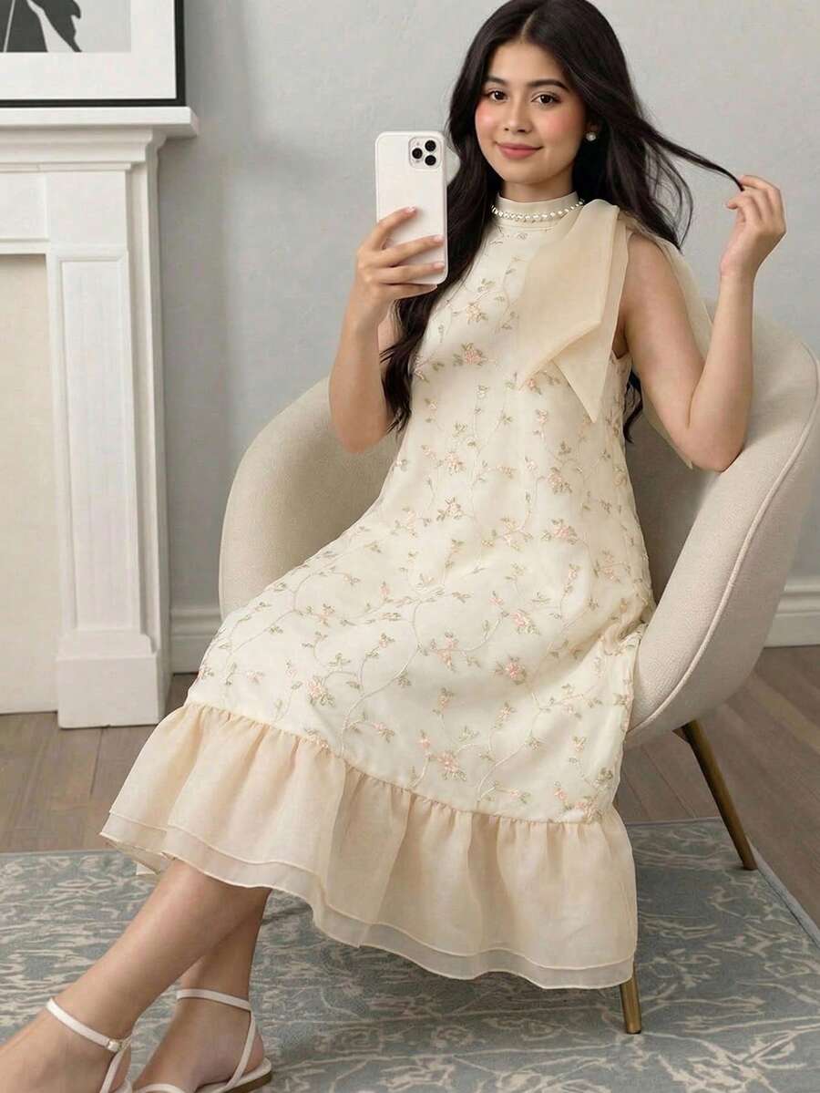 少女优雅网纱刺绣蝴蝶结装饰撞色网纱中长连衣裙，白色，适合婚礼、派对、聚会等场合 - 米色 - 查看 1