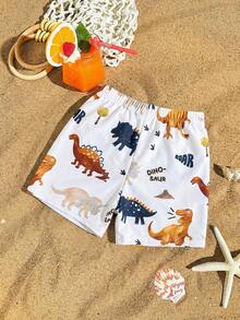 Young Boy Casual Dinosaur Print Swim Trunks, Summer Swimwear - Multicolor - View 2