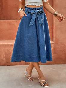 Selianne Chân váy denim nữ kiểu dáng thường ngày, có bèo nhún, thắt eo và túi. - Màu xanh lam - Xem 4