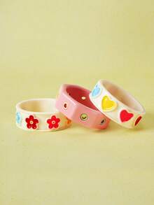 Popjeli Color Irregular Smudge Elastic Open Resin Bracelet, Fashion Versatile Stacked Wearing Bracelet, Y2K/Cute/Colorful/Fashion, Suitable For Mom/Lady/Girl/Mother, Summer/Beach/Prom/Party/Vacation/Travel, Pink, Heart Shaped Color Random - Multicolor - View 2