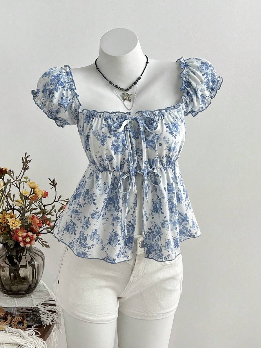 Elamini 甜美田园休闲度假系带女式衬衫，春夏款 - 藍色 - 查看 1