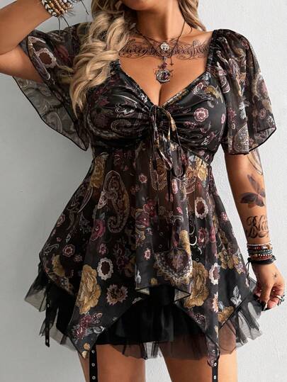 Whyspr Plus Size Square Collar Cinched Waist Asymmetric Hem Blouse