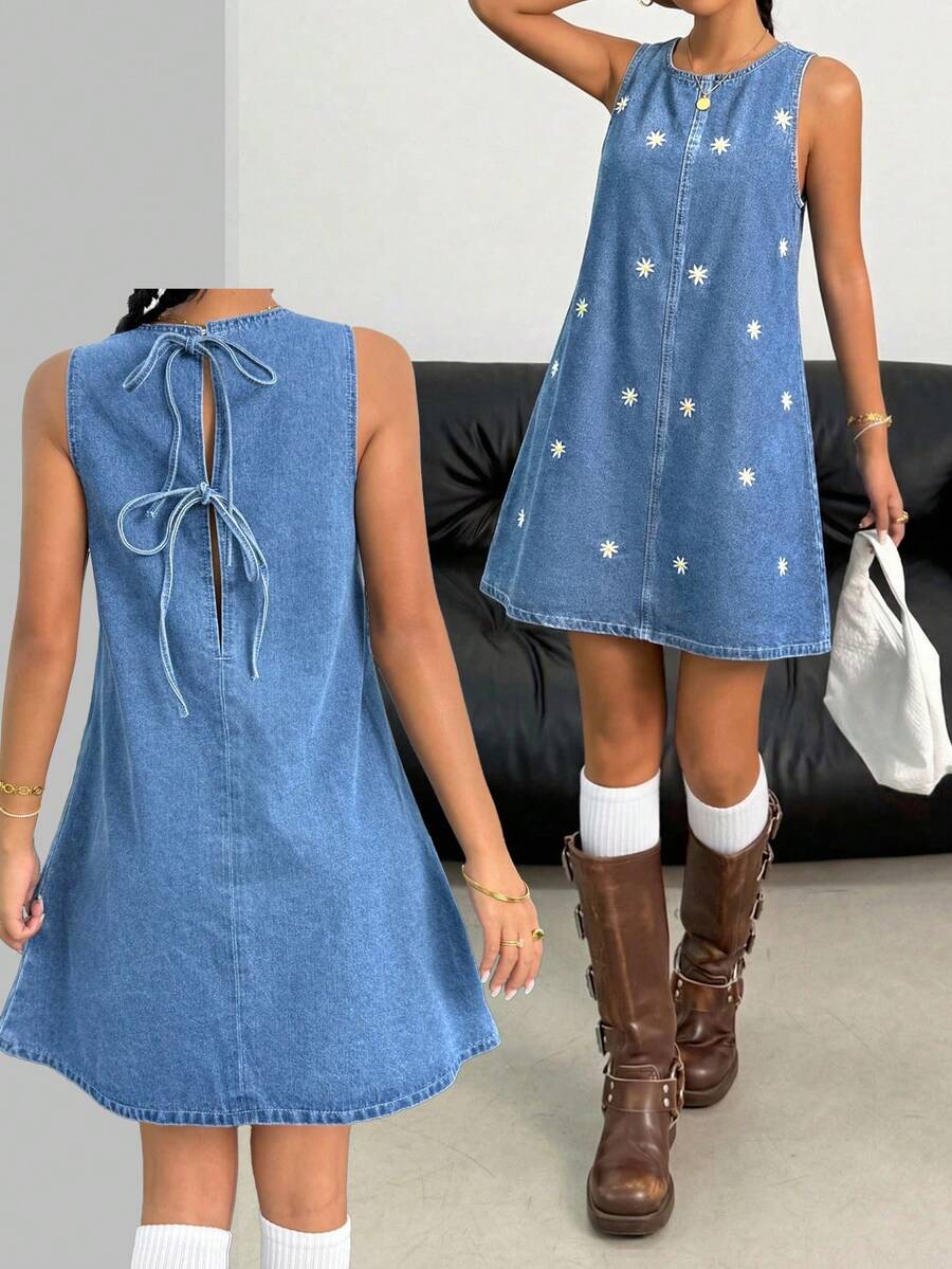 SHEIN Đầm denim xanh không tay cổ tròn thêu hoa cúc cho thiếu nữ - Màu xanh lam - Xem 1