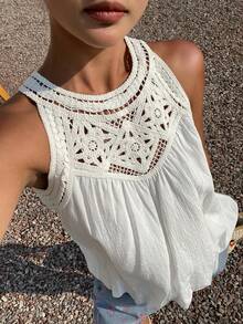 Livesso Women's Vacation Crochet Hollow Design Halter Blouse - White - View 1