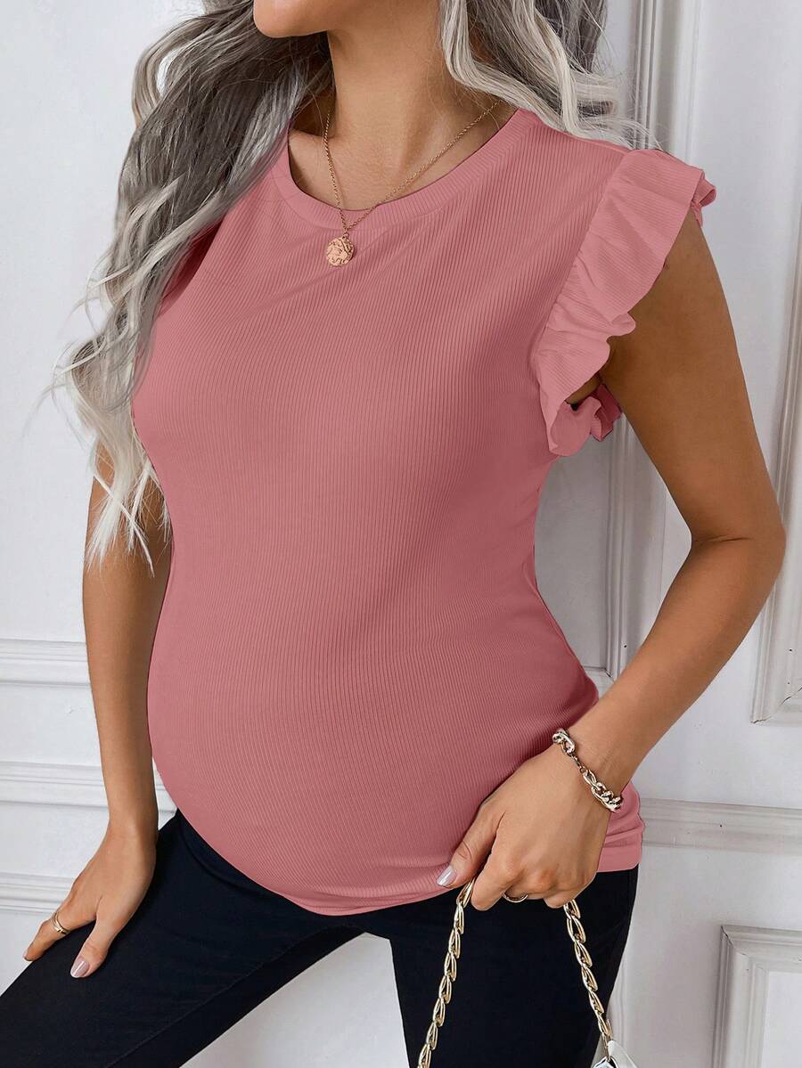 SHEIN Mutterschafts Sommer Lässig Urlaub Pendeln einfarbiges Rüschen Armausschnitt Figurbetontes T-Shirt Damen Tops für Sommer Damen Tops Blusen T-Shirt Bluse für Damen Lässig Elegant Damen Tops und Blusen - Altrosa - Übersicht 1