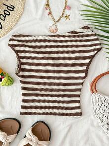 SHEIN 少女夏季休闲度假条纹不对称肩部褶皱腰部T恤 - 棕色 - 查看 2