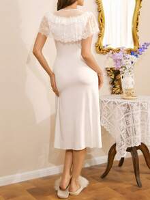 Côtesoire Áo ngủ nữ thanh lịch màu trơn phối lưới cổ tròn, kiểu Pháp duyên dáng. - trắng - Xem 2