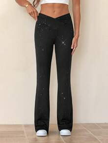 SHEIN Tall Fashionable Cross Waist Shiny Flared Pants - Black - View 9