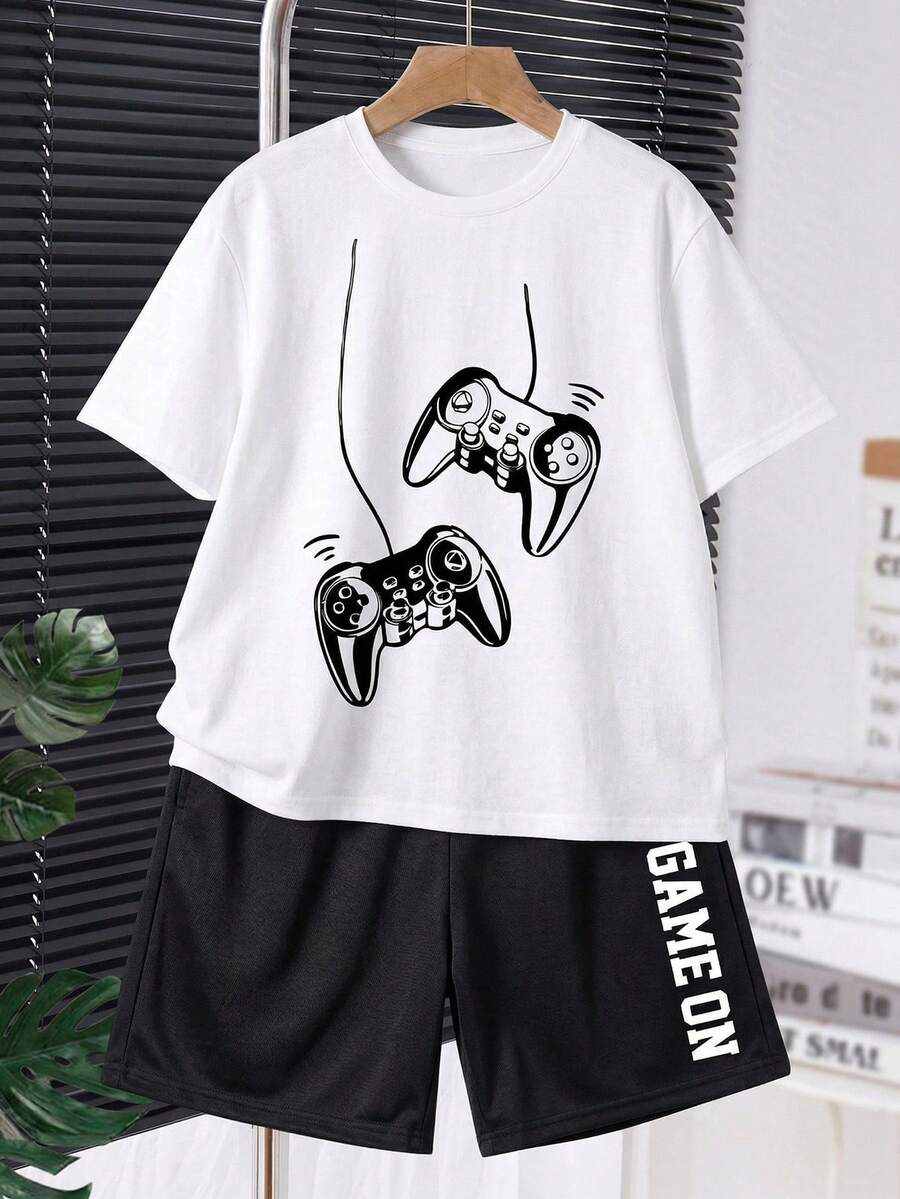 青少年男童休闲舒适简约圆领短袖T恤和短裤套装 - 白色 - 查看 1