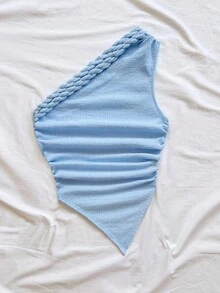 Soleia 女款淺藍色不對稱下擺斜肩扭結優雅休閒夏季上衣，海灘度假假期，波希米亞復古風 - 淺藍色 - 查看 3