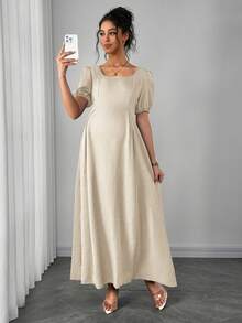 SHEIN Asymmetric Shoulder Ruched Waist A-Line Elegant Romantic Maternity Dress, Comfortable - Apricot - View 6
