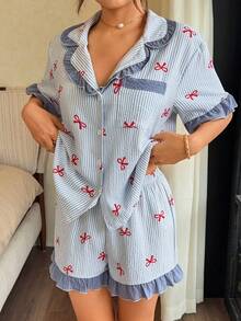 Napfluff Blue Striped Bow Print Patchwork Contrast Color Ruffle Trim Women Lapel Short Sleeve Shorts Pajama Set - Blue and White - View 4