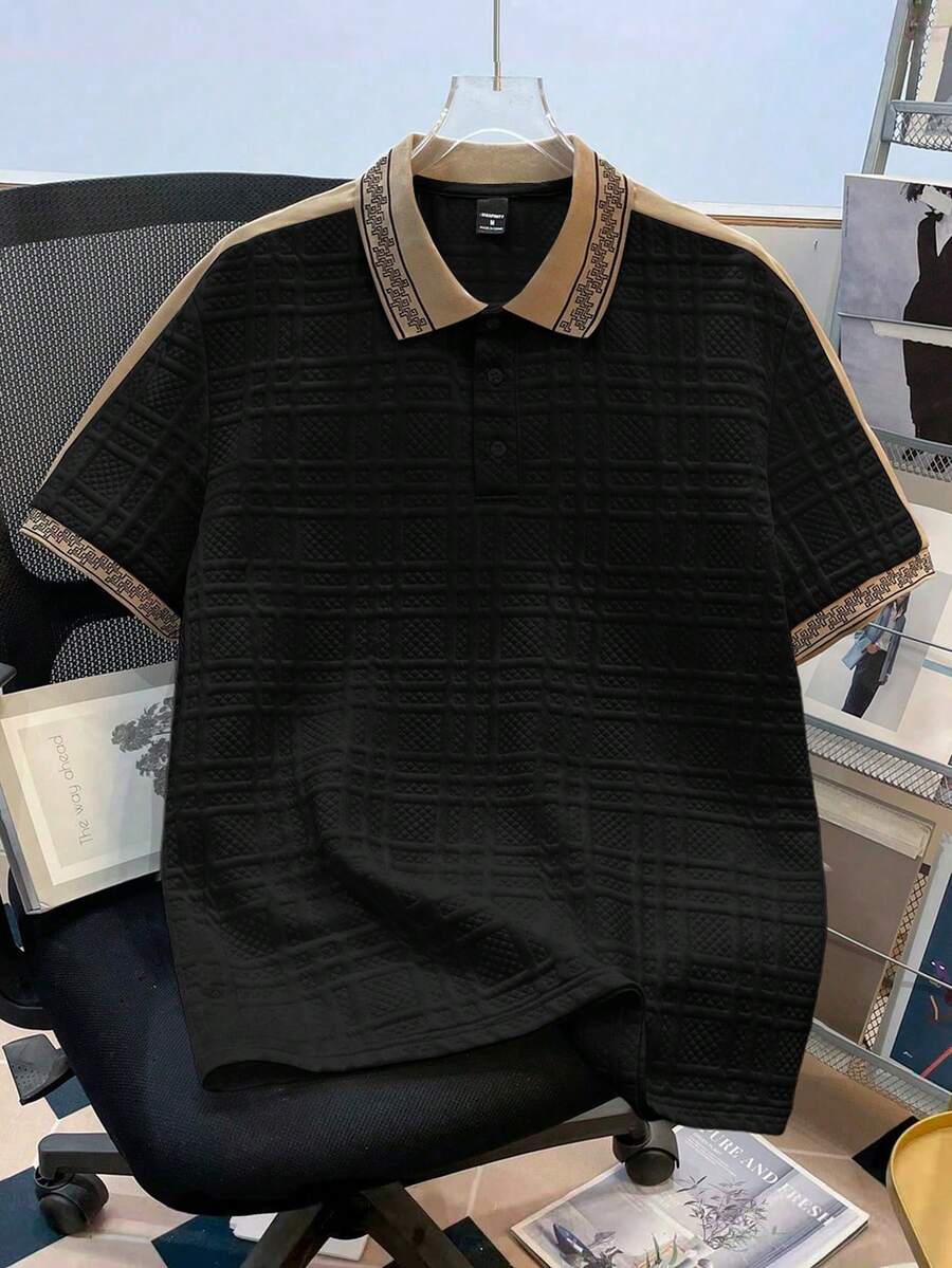 Daypath Men's Textured Patchwork Flat Knit Collar Polo Shirt - Black - View 1