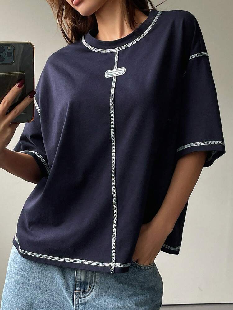 Women's Cotton Decorative Stitching Casual T-Shirt, Summer