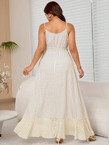 Vionelle 大码女式V领无袖波点荷叶边腰部喇叭不规则下摆休闲长裙，适合日常穿着和度假 - 杏色 - 查看 2