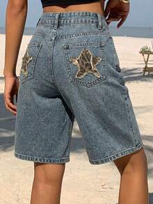 DAZY Raka Capri-shorts i denim med slitning och kattmotiv för kvinnor - Blå - Visa 2
