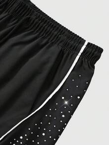 ROMWE MEN Street Life Men's Casual Rhinestone Drawstring Shorts - Black - View 3