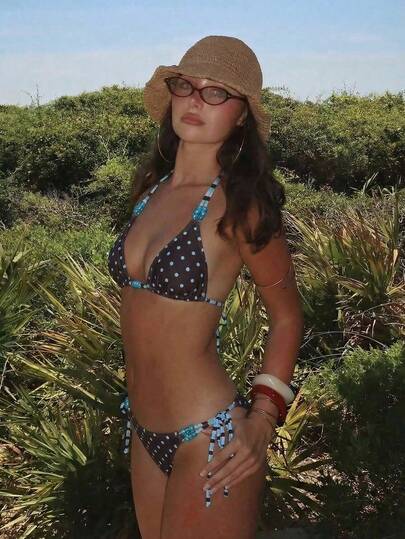 Swim Mod 女士新款波点印花串珠比基尼套装，夏季度假沙滩/泳池装扮